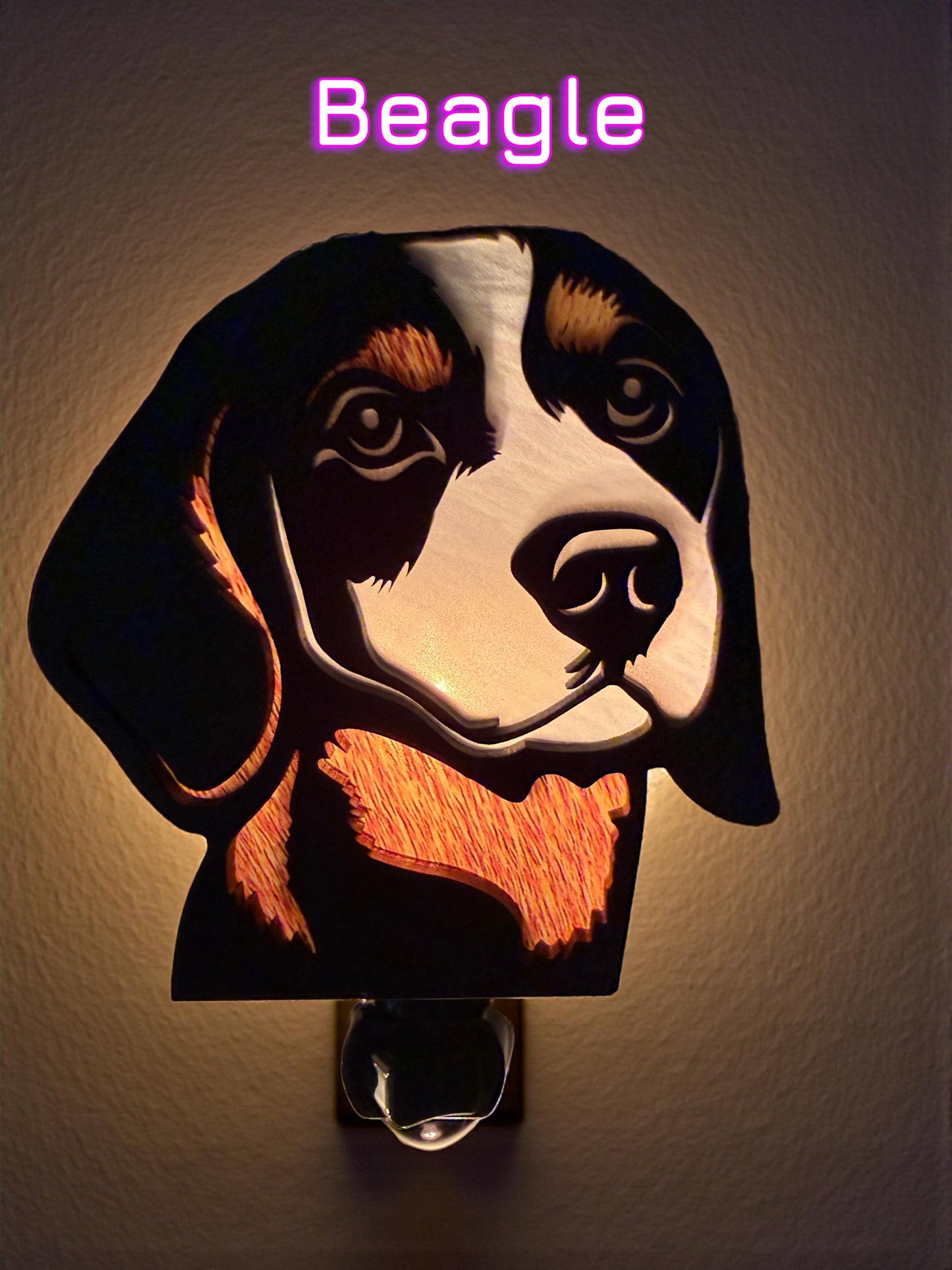 The night light features a black, white, and brown Beagle design with a wooden texture. The light glows from within, creating a warm ambiance. __etsy:7658223051