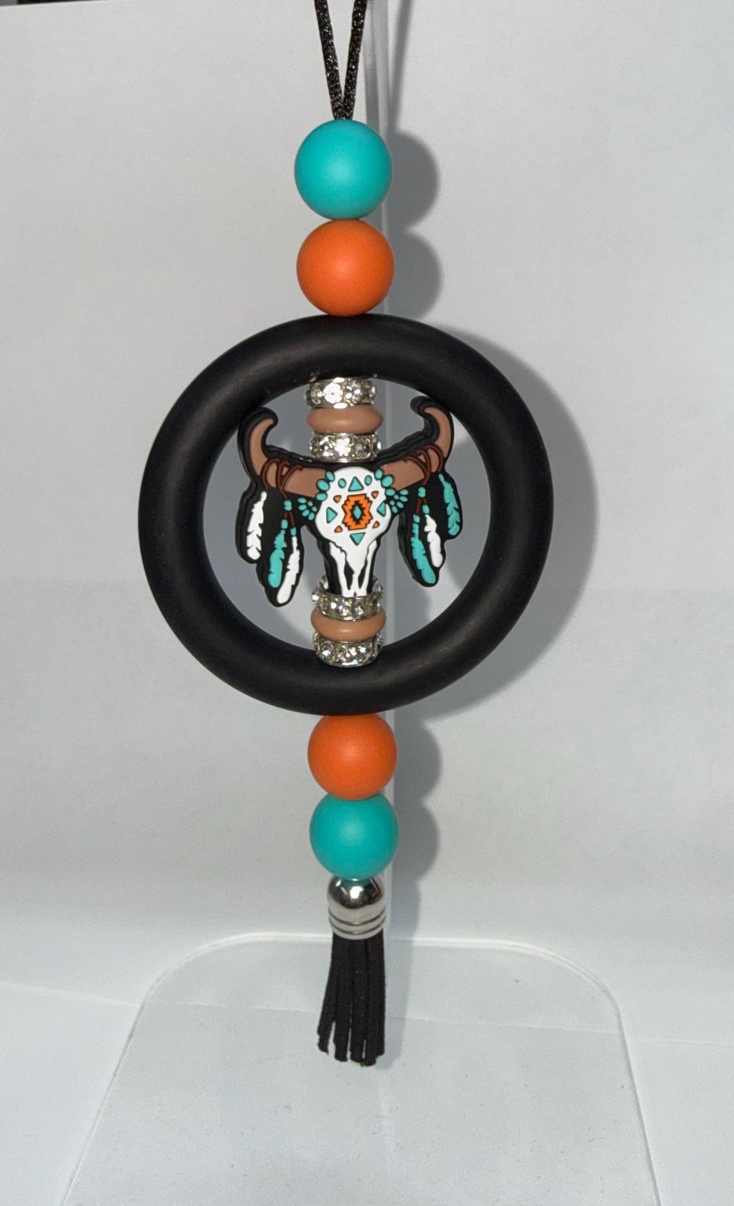 Boho Bull Skull Car Charm | Turquoise Beaded Tassel, Southwestern Decor