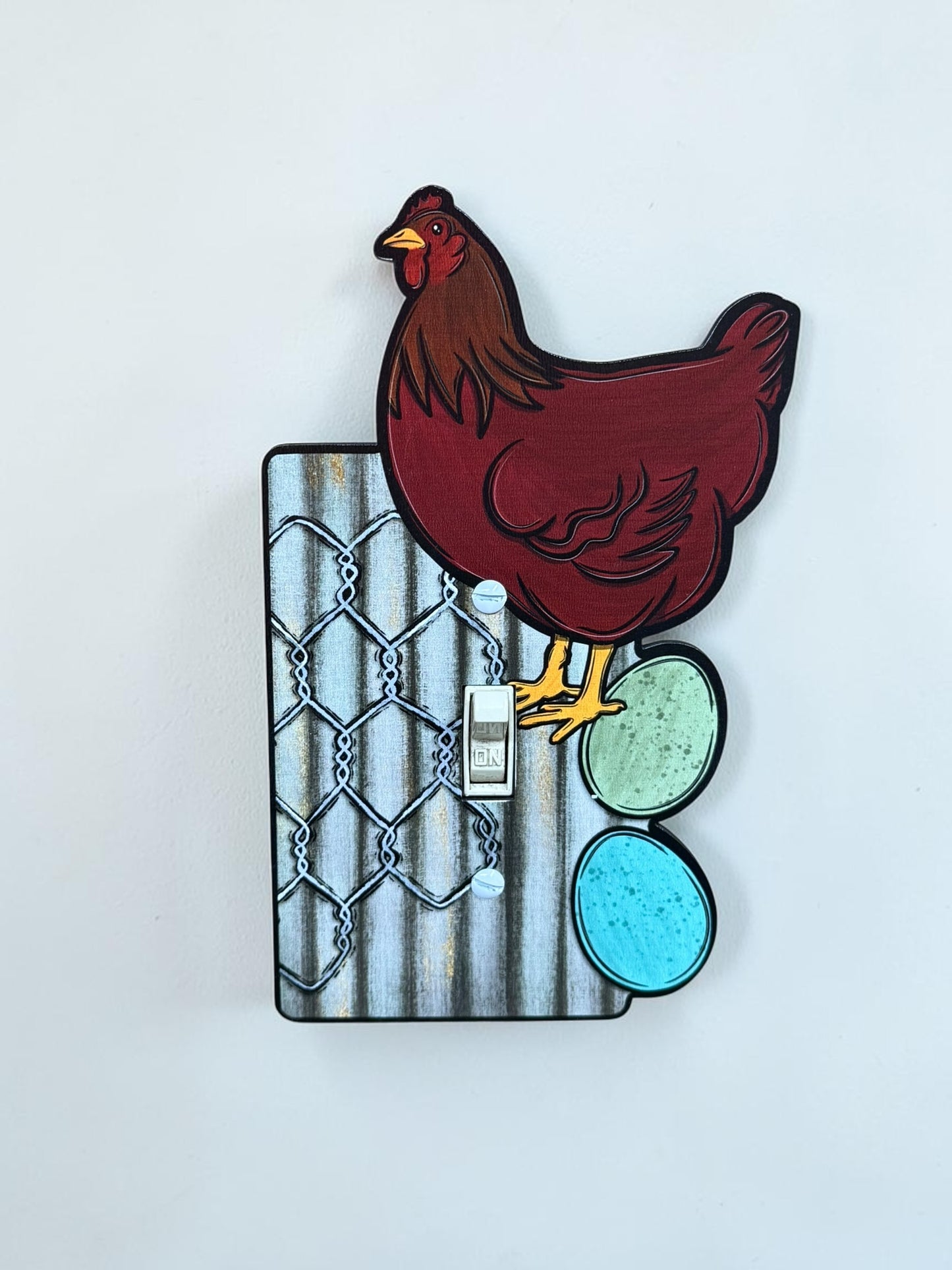 Red Chicken & Eggs on Corrugated Metal Light Switch Cover