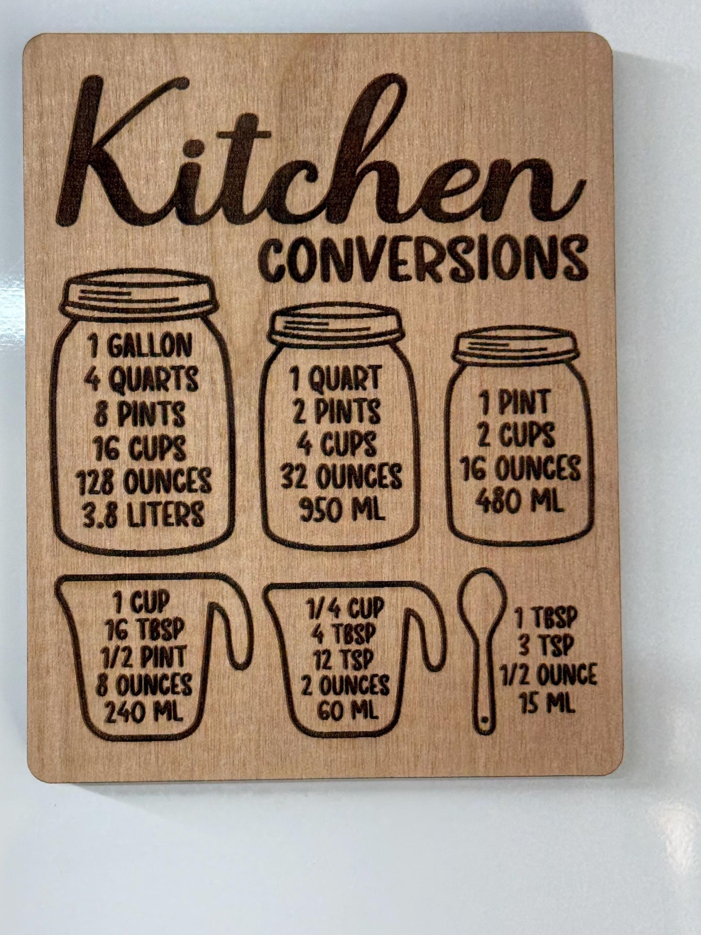 Laser Engraved Wood Kitchen Conversions Magnet • Cooking Measurement Chart