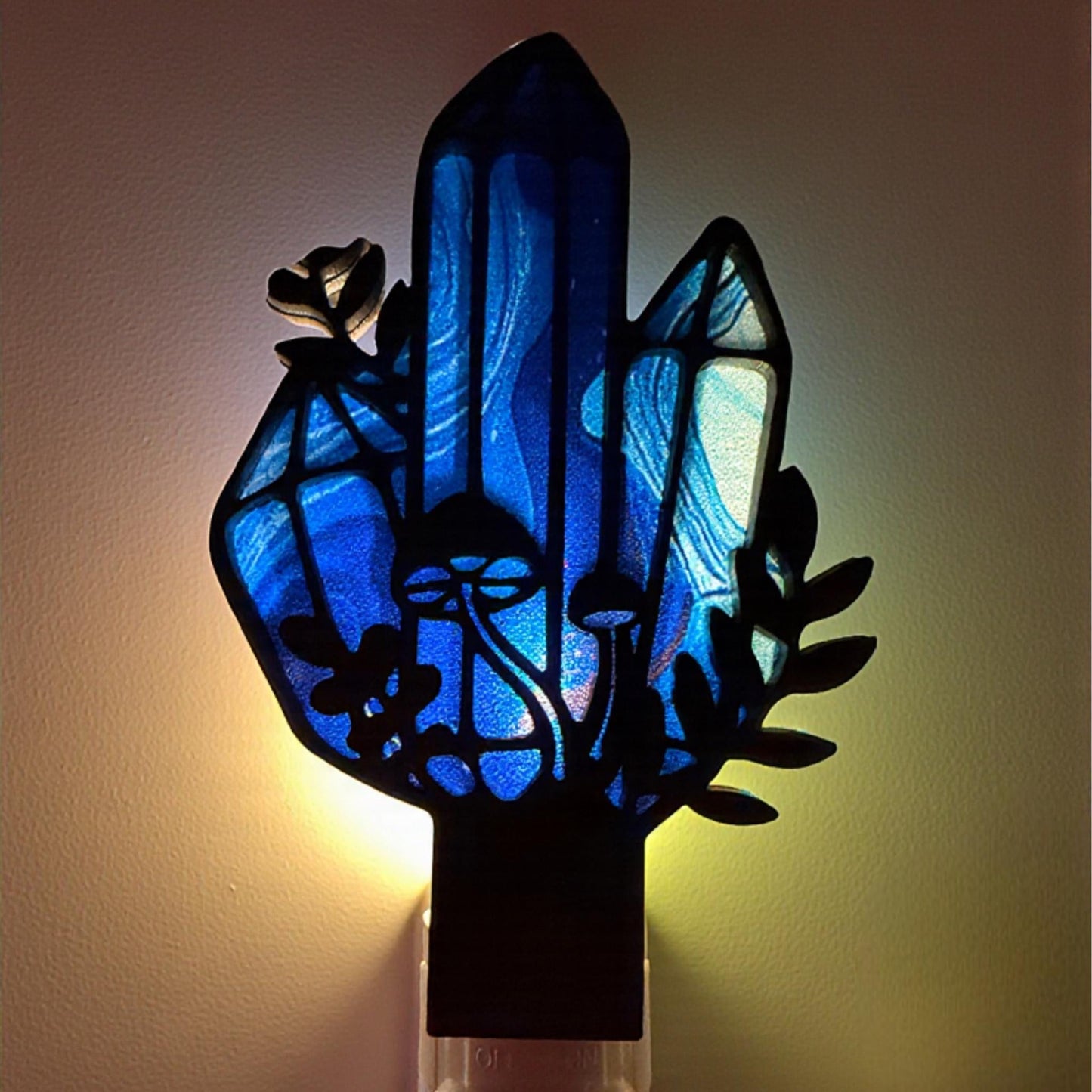 Crystal Mushroom Night Light | Blue Stained Glass Style, Boho Decor (Plug-In, Handmade)