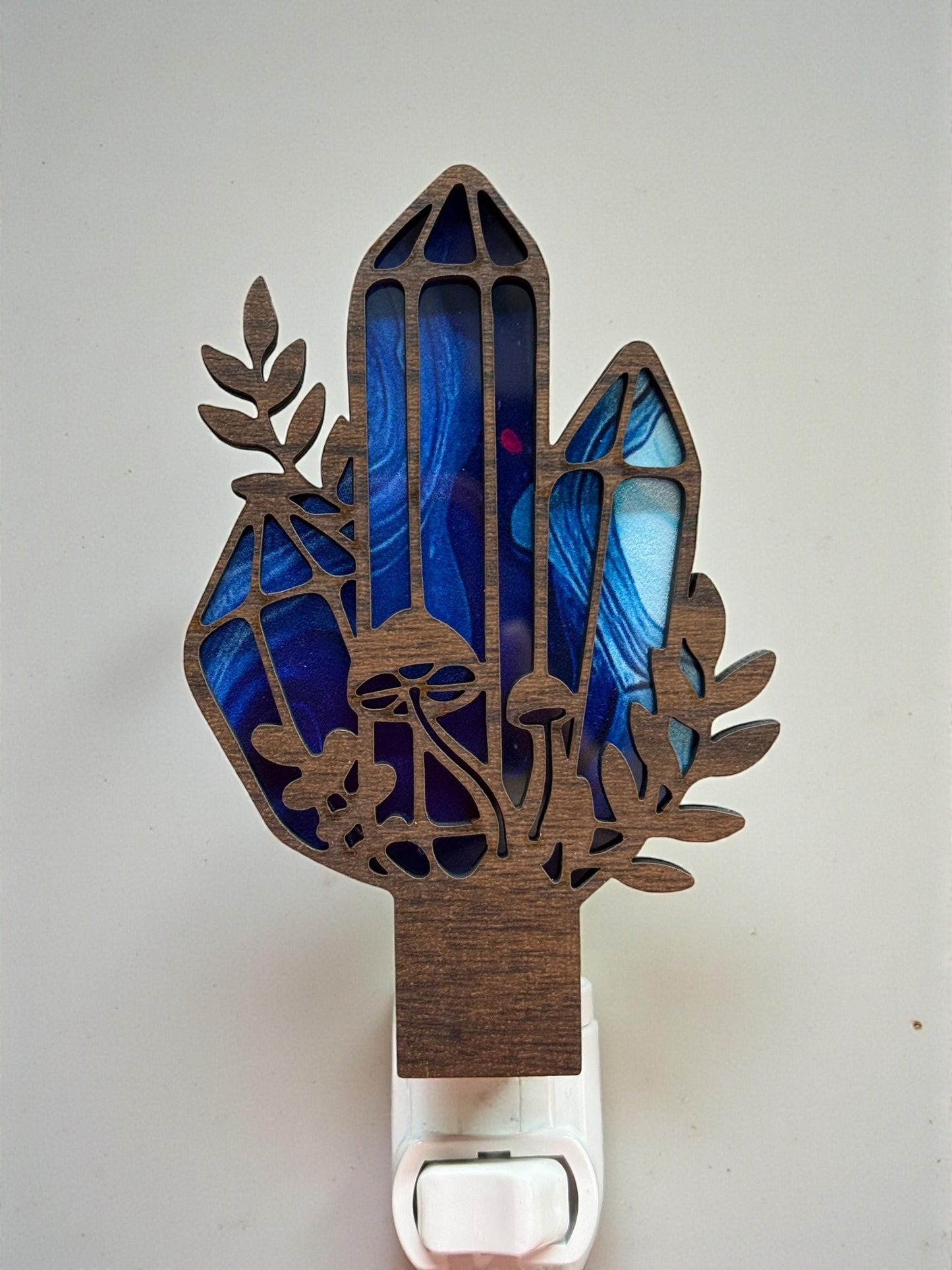 Crystal Mushroom Night Light | Blue Stained Glass Style, Boho Decor (Plug-In, Handmade)