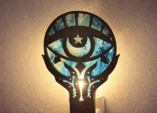 Celestial Eye Night Light | Teal Aqua Wood & Acrylic, Boho Decor