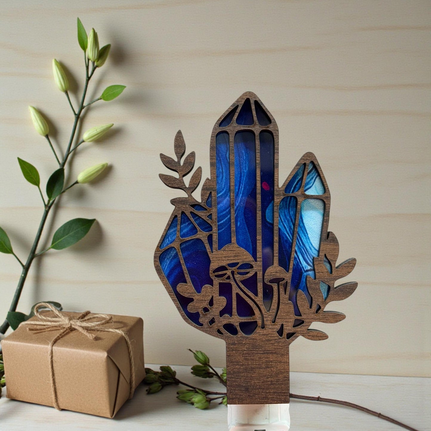 Crystal Mushroom Night Light | Blue Stained Glass Style, Boho Decor (Plug-In, Handmade)