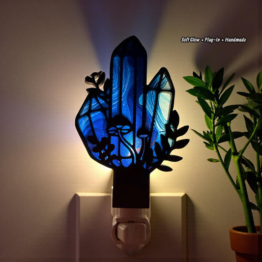 Crystal Mushroom Night Light | Blue Stained Glass Style, Boho Decor (Plug-In, Handmade)