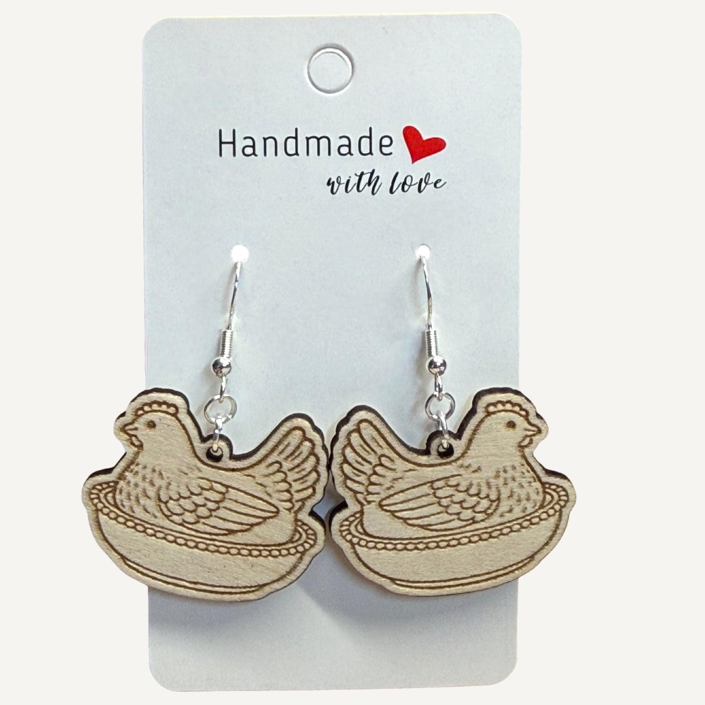 Laser Engraved Wooden Hen Earrings | Farmhouse Kitchen Jewelry